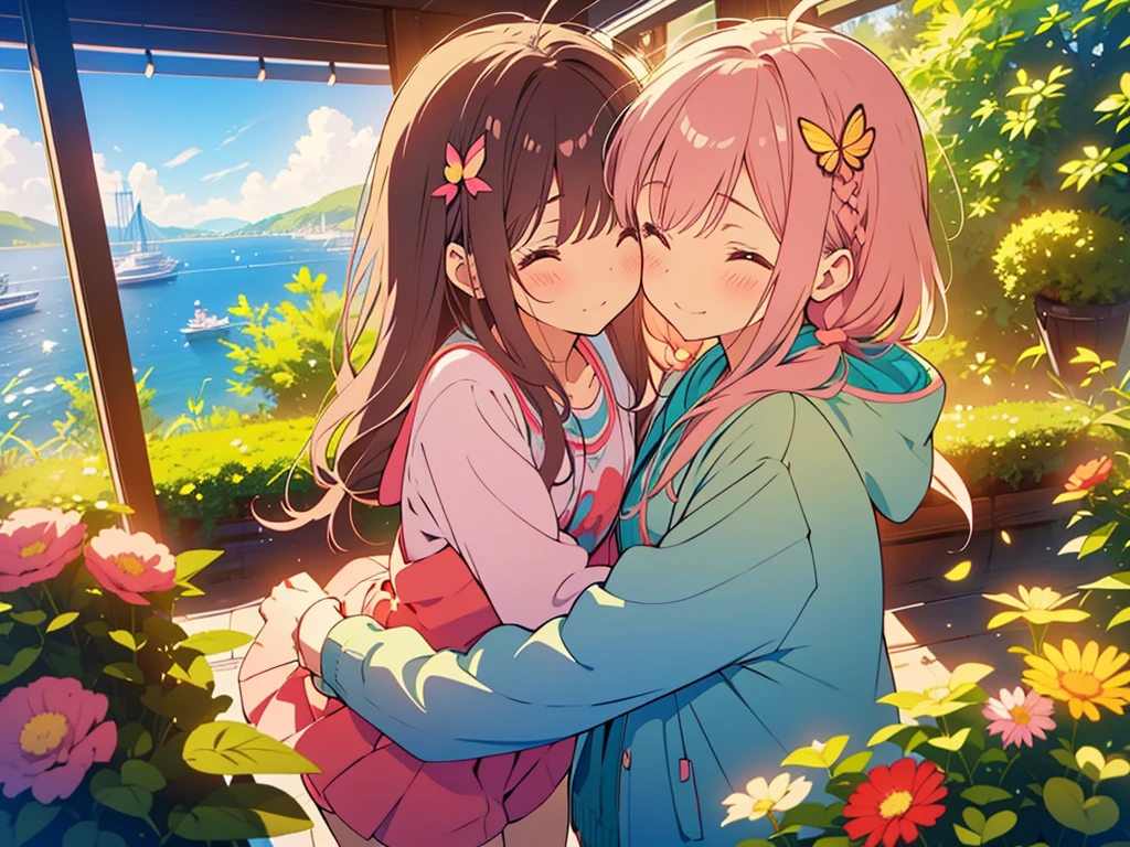 kawaii, anime, Cute, hyper quality, highly detailed, 8k, Clarity, One person has long dark brown hair and green eyes., The other is a young girl with a bright pink short bob and scarlet eyes., Hug each other in Europe's natural water gardens, shed tears, A touching reunion, warm atmosphere, clear blue sky, jump on, whole body, clear air, planted flowers and greenery, Draw facial expressions in detail, highlight on eyes, Close your eyes and cry and laugh, pull perspective, hoodie, Uplifting, jump and hug, Draw the whole body of both of them, light dances, pink hair, Netherlands, pick up a , A small butterfly of light dances, there is a height difference, pink hair, dark brown long hair,