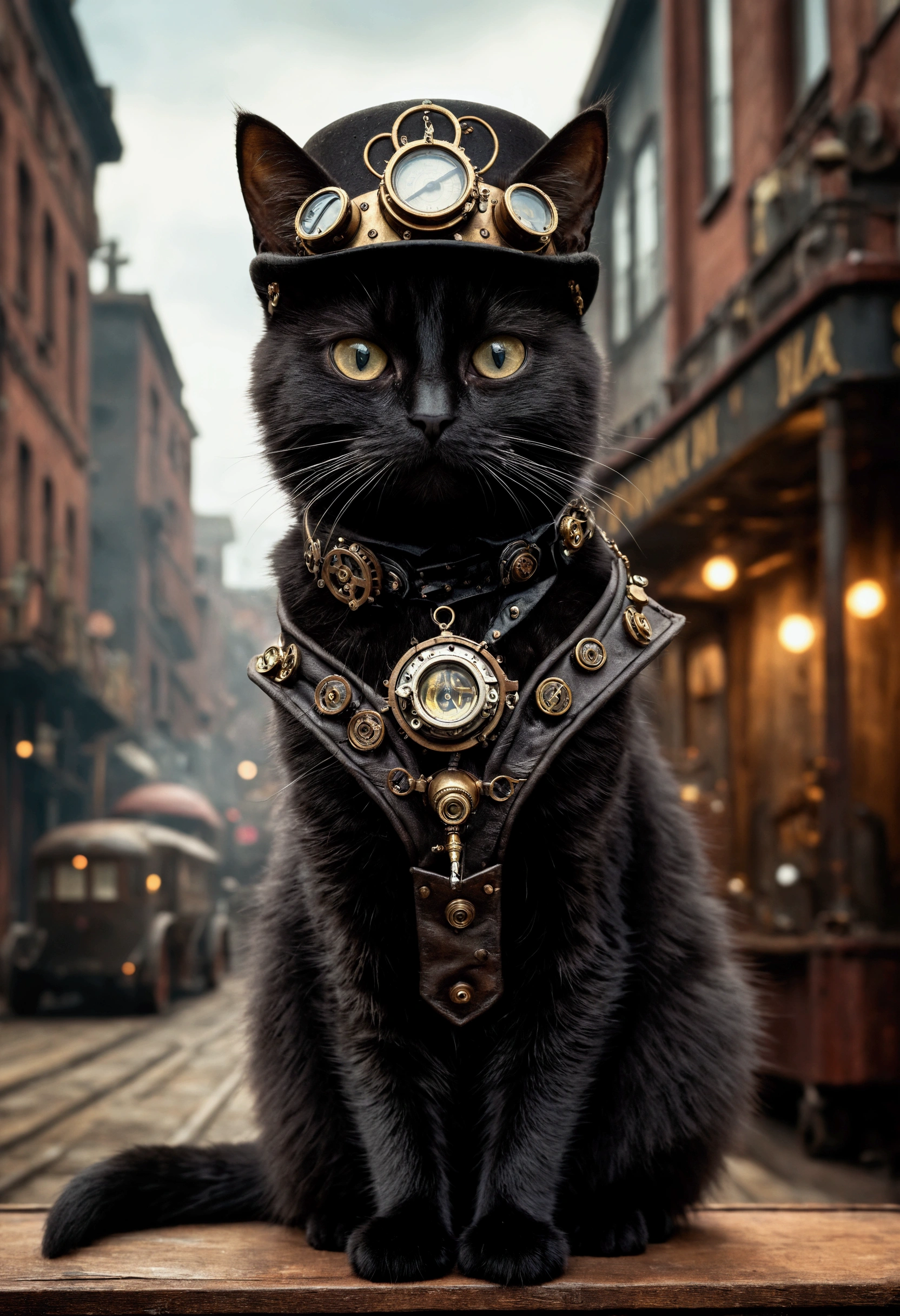 realistic, photography, masterpiece, steampunkcat, steampunkcity, cute black cat in a steampunkcity