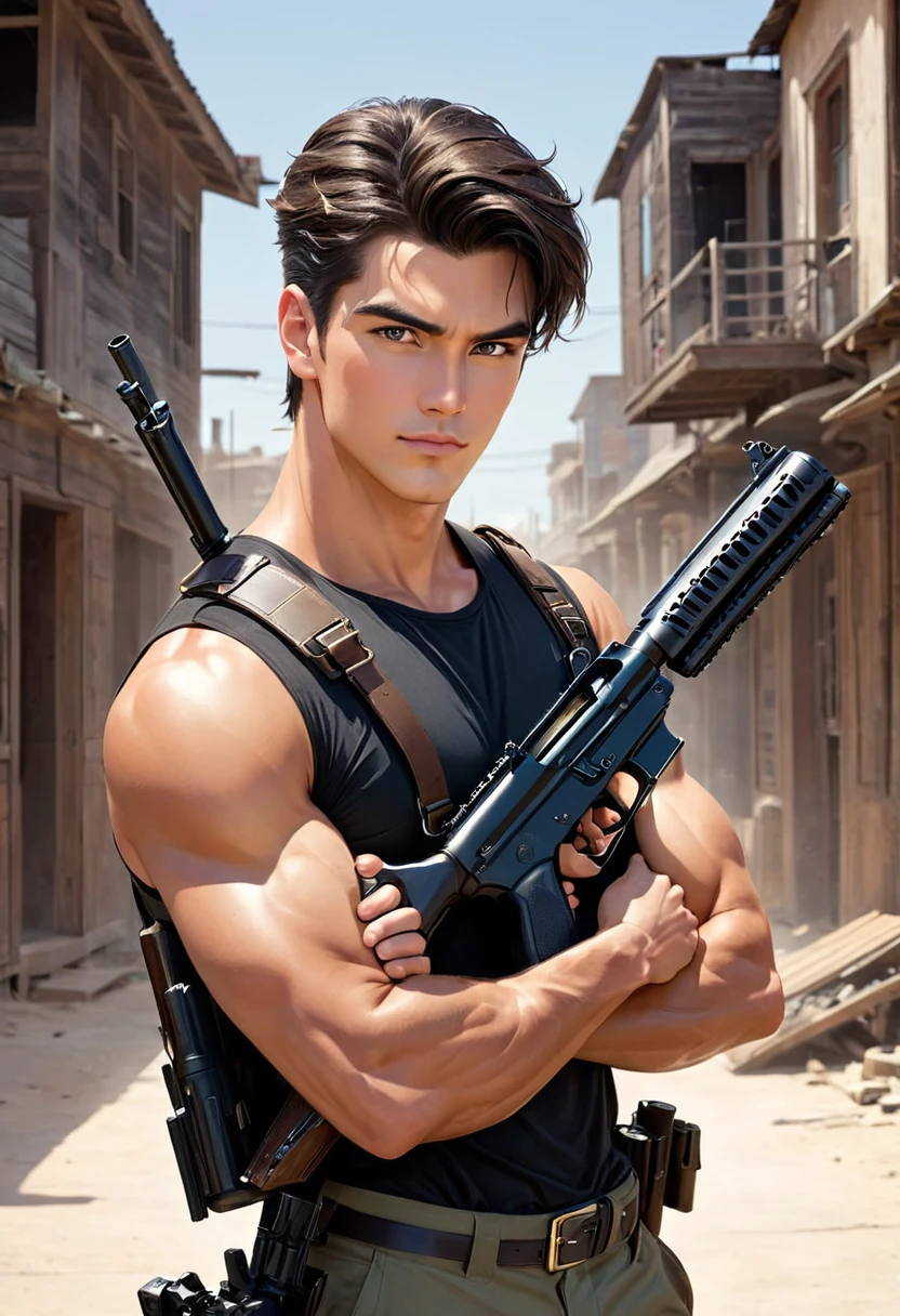 Can I get a handsome guy with guns in hands