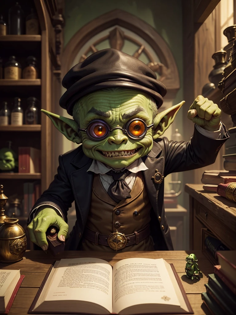 Little Goblin, greenskin, wearing black suit, wearing golden monocle, Eyes red, sharped teeth, holding a leather book, recepcionista, behind a counter, medieval environment, Fantasy world.
