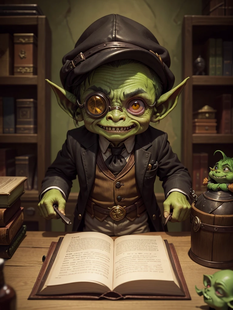 Little Goblin, greenskin, wearing black suit, wearing golden monocle, Eyes red, sharped teeth, holding a leather book, recepcionista, behind a counter, medieval environment, Fantasy world.