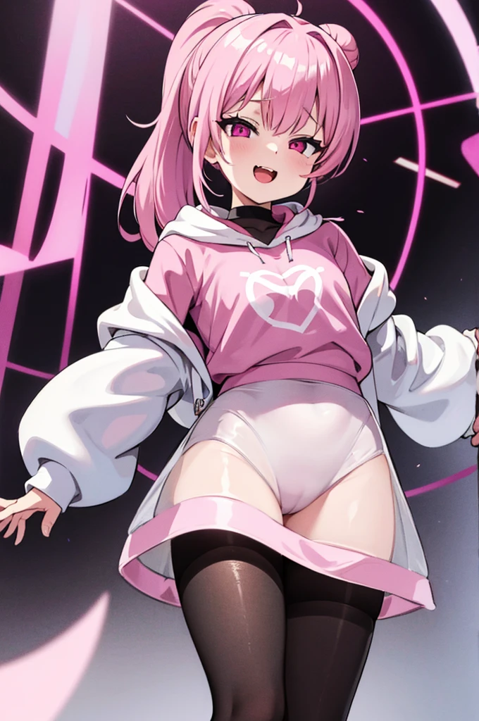 Cute, 1girl, pink hair ponytail, white hoodie, black skirt, see through pantyhose, ahegao, pink eyes with heart in it