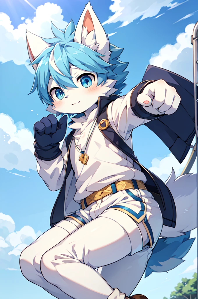 Blue hair，White hair，Blue dragon tail，The end of the tail has white fuzz，hairy，God of Art Super Top Quality, Super detailed, High resolution, Anime cute art style, The best anime, 8k, Kona sauce wallpaper, Pixiv Contest Winners, Perfect anatomical structure, , (Energetic teenager, 13 years old:1.3), High resolution详细的头发，Iris and pupil are well proportioned，Blue pupils，Blue ears，Single，Light blue coat，White cropped trousers，seaside，partially underwater shot