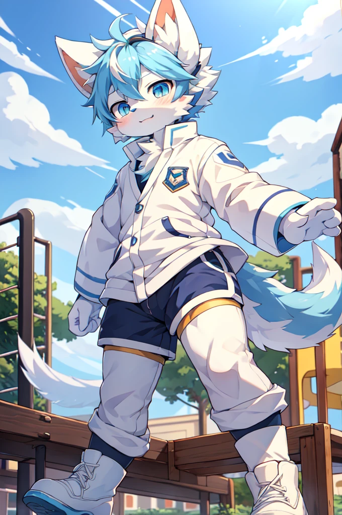 Blue hair,White hair,Blue dragon tail,The end of the tail has white fuzz,hairy,God of Art Super Top Quality, Super detailed, High resolution, Anime cute art style, The best anime, 8k, Kona sauce wallpaper, Pixiv Contest Winners, Perfect anatomical structure, , (Energetic teenager, :1.3), High resolution详细的头发,Iris and pupil are well proportioned,Blue pupils,Blue ears,Single,Light blue coat,White shorts,White boots,playground