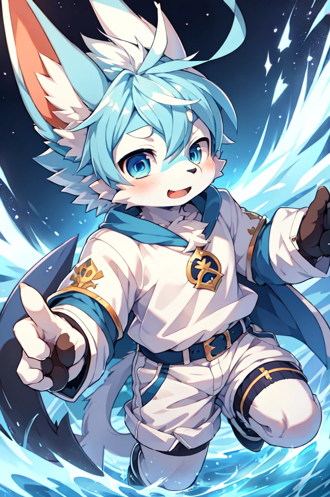 Blue hair,White hair,Blue dragon tail,The end of the tail has white fuzz,hairy,God of Art Super Top Quality, Super detailed, High resolution, Anime cute art style, The best anime, 8k, Kona sauce wallpaper, Pixiv Contest Winners, Perfect anatomical structure, , (Energetic teenager, 13 years old:1.3), High resolution详细的头发,Iris and pupil are well proportioned,Blue pupils,Blue ears,Single,Light blue coat,White shorts,White boots,playground