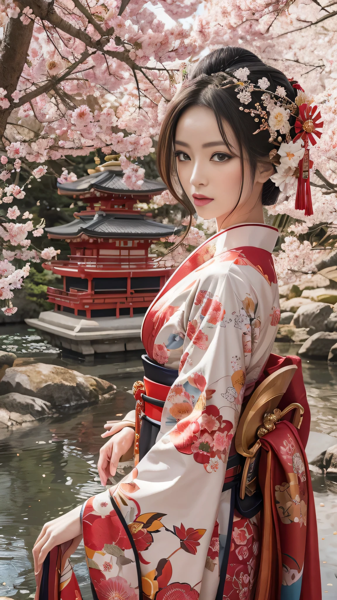 In a futuristic scene, Mechanically Enhanced Japanese Geisha、The elegance of elaborate gardens. She has beautiful delicate eyes and lips that complement her face. Geisha wear traditional kimonos with intricate patterns and designs. Around her are bright Cherry tree and a quiet carp pond. The scene is a mix of illustration and photorealism., Extremely detailed and clear brushwork, Vibrant colors. The lighting accentuates the geisha's elegant features, Gives porcelain skin a soft glow. The artwork is of the highest quality, 4K or 8K resolution, Showcasing the intricate details of geisha costumes, Cherry tree, And the glittering scales of the carp. The overall color scheme is、A combination of traditional Japanese colors, crimson, wait., Black, Subtle gold accents, With a futuristic twist. The fusion of ancient traditions and modern technology、Create compelling and visually striking masterpieces.Shoulders are exposed, 胸がappear、I can see the valley、appear、Exposing shoulders、Chest exposed、(Shoulders are exposed), 胸がappear、I can see the valley、appear、Exposing shoulders、Chest exposed、(Off-the-shoulder style)