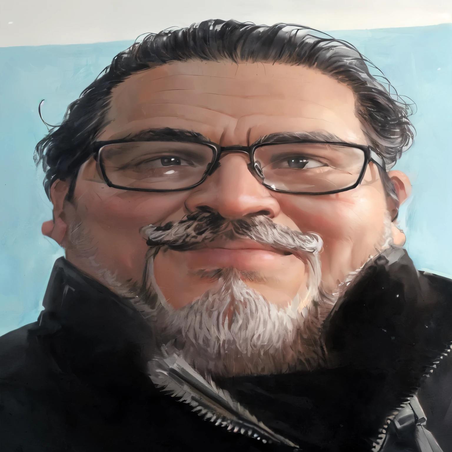 there is a man with glasses, with little beard and little mustache looking at the camera, smiling, two-dimensional plan drawing, highlighted edges, you color with high contrast, retro style drawing from the 80s.