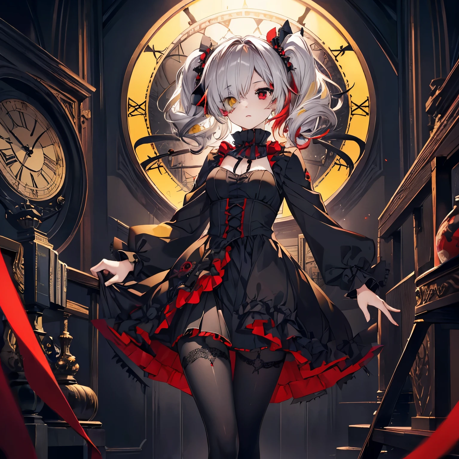 masterpiece, 最high quality, high quality, High resolution, Absurd, Very detailed, Best Anatomy, Detailed eyes, Perfect Eyes, The body is slim, Slim legs, One girl, alone,Very small breasts and a super body,tokisaki kurumi, Clock Eye, Black Hair, Twin tails, (Red eyes:1.5), (Yellow Eyes:1.5), (Heterochromia iridis:1.5),, tokisaki kurumi, Clock Eye, Black Hair, low Twin tails, (Hair on one eye:1.5), (Red eyes:1.5),, , Jacket, pantyhose, Pleated skirt, black pantyhose,, hair band, dress, bow, ribbon, (Gothic fashion:1.5), Gothic,