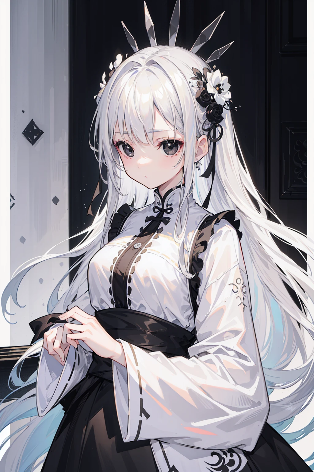 (Top image quality)、(Very detailed)、(Facing forward)、Top quality、masterpiece、(((1 girl )))、Silver Hair、White hair、((Long hair))、Weaving、(black eyes:1.6)、(White and black cheongsam)、Lots of decorations、Lots of ribbons、White Ribbon、Haggard、Fluffy loose hair