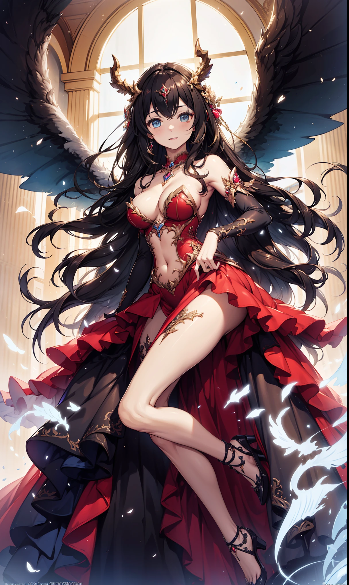 (best quality, high resolution, Textured Skin, high quality, High Detail,Extremely detailed CG unification),,Lively,Obsessed,Dynamic Angle,whole body,Gorgeous princess dress,Dress nicely,Elegant and attractive posture,Devil Wings,Sexual suggestion,In the abyss