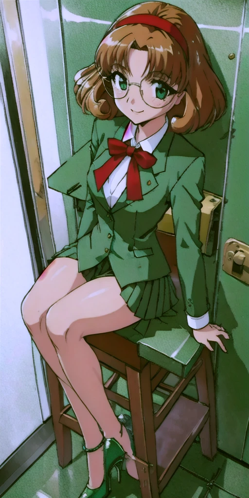 fuu hououji, 4k portrait, looking at viewer, 1girl,short hair,light brown hair,Glasses,((red hairband)),green blazer,mini skirt,(green high heels:1.4), smile,masterpiece,Noise Reduction,perfect anatomy,high resolution, ultra-detailed,game cg,dutch angle ,beautiful detailed eyes,visualart,five fingers, perfect hands, perfect lighting,BREAK (pants,1.5), full body, sit on a chair,arms at sides, BREAK (indoor:1.6), ( elevator room:1.6), (she's in the elevator:1.6)