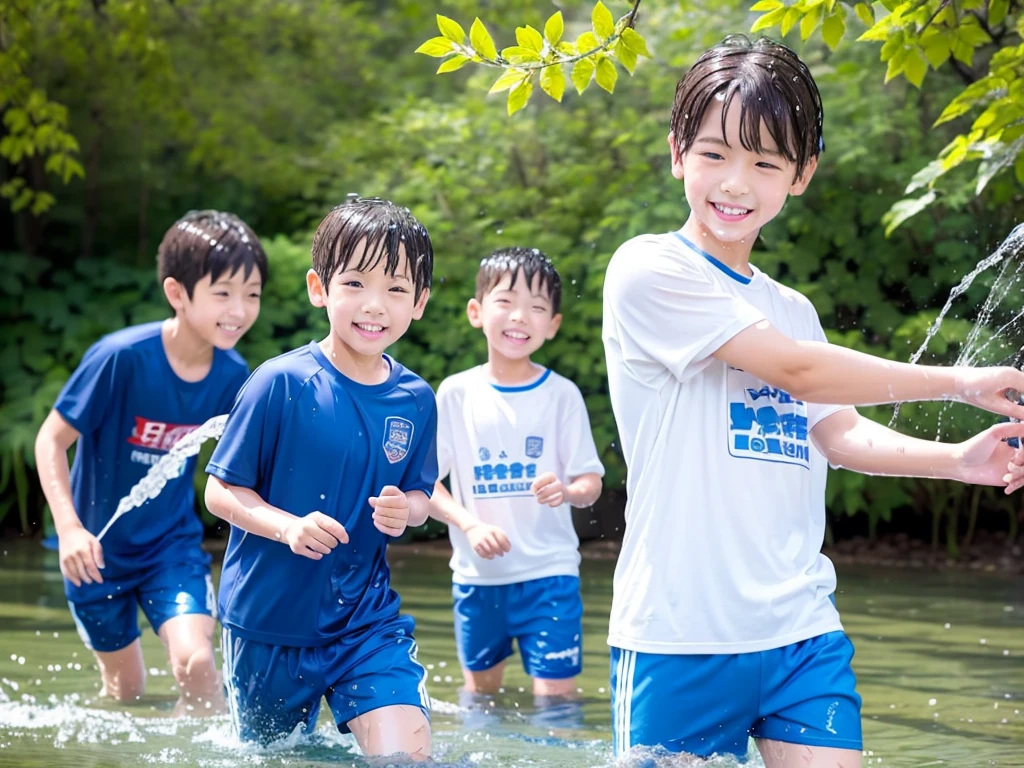 In the forest、 in the countryside、Swimming in the river、Bathing in water、水でGet wet all over、Cute eletary boy、Boy in gym clothes、The bottom of the white T-shirt is blue、Blue shorts、The boys are playing、Get wet all over、The laughter of boys can be heard from afar、Splashing Water、Japanese、(Boy 1.4)、high resolution、Highest quality、wet clothes