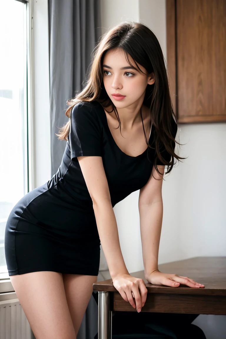 femme brunette de 18 ans ???? et mince , black short sleeve dress, salle de classe, se touche,position sey,sensuel,short en jean,