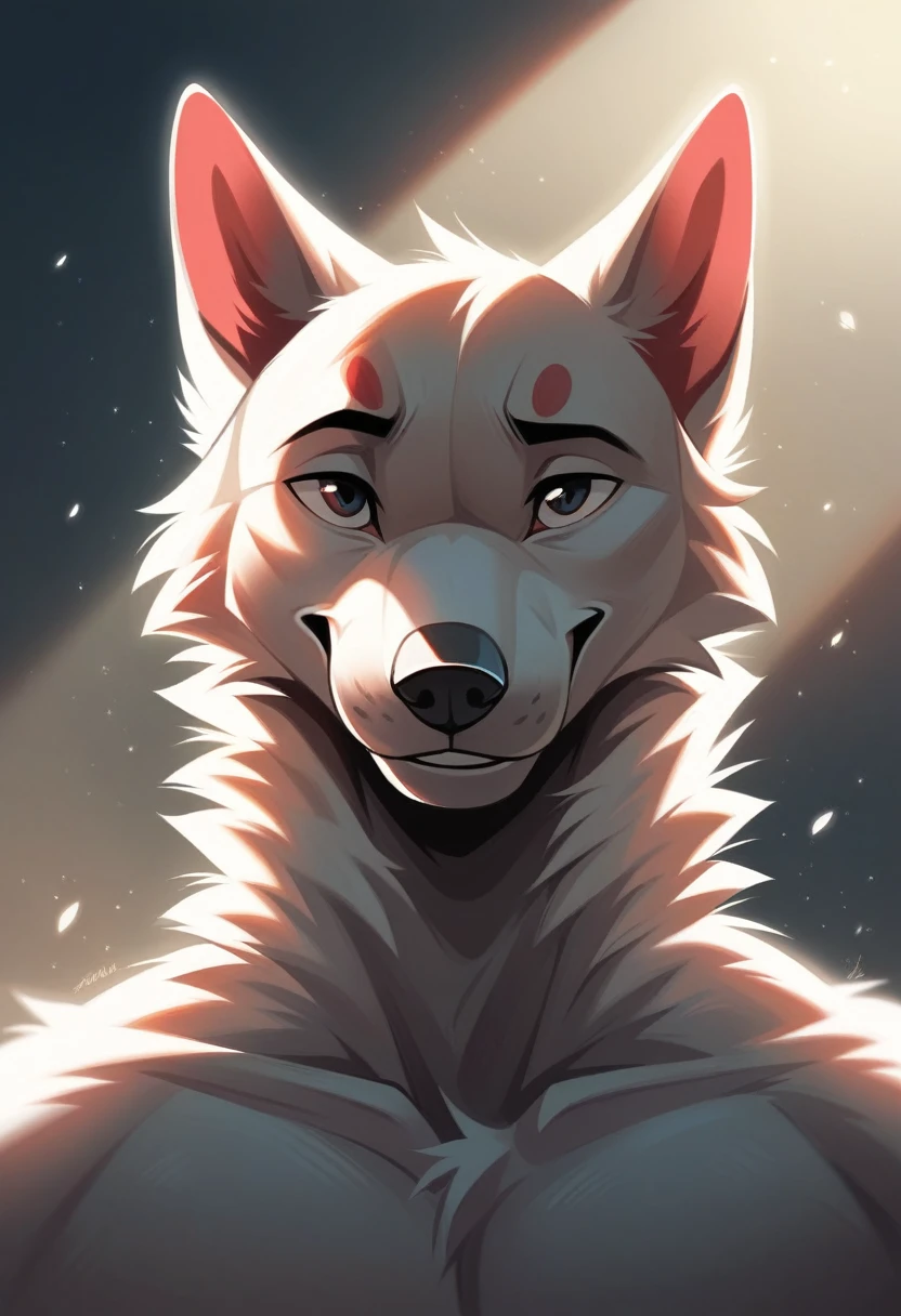 solo male, white greyhound dog furry, smiling, red fur, Black fur stripe, netral, Traumatized face, dynamic lighting, illustration, beautiful, particles (high quality,4k,8k,highres,masterpiece:1.2), ultra-detailed, impressionistic:colorful,]