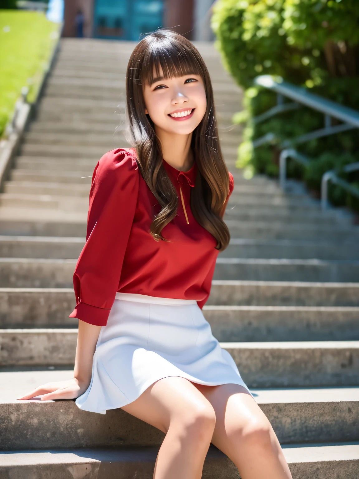 masterpiece , Highest quality , Very detailed , 8k , Cute Woman , One girl , blouse , bangs , smile , White teeth , Symmetrical eyes, 半袖blouse、mini skirt、Red Heels、Summer daytime、Climbing the stairs on campus、
