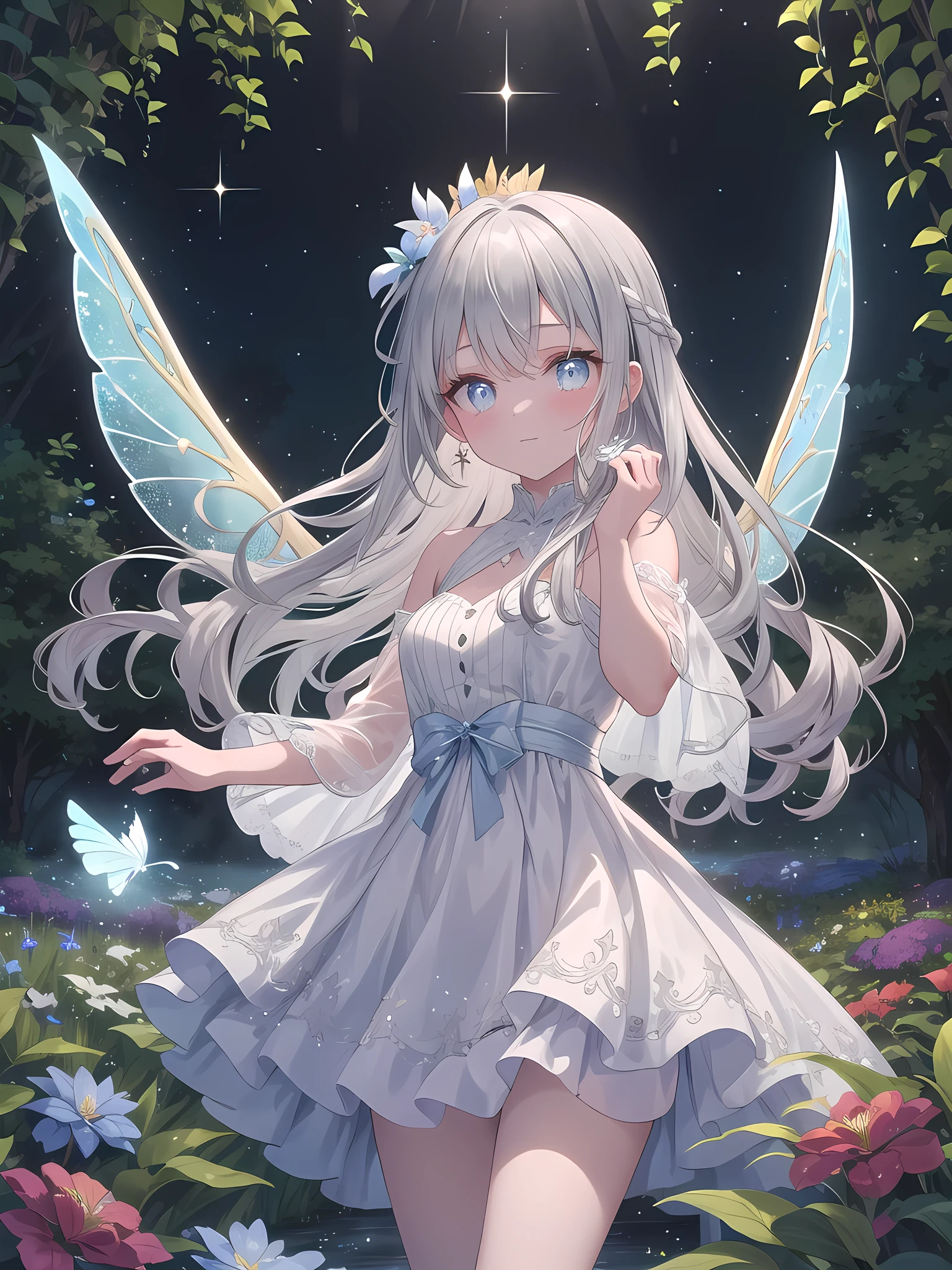 ((8k, best quality, master piece: 1.3)),super high resolution,(1 girl, solo), (colorshift eyes, hyperdetailed, expressive sparkling, glitter, glowing eyes), ultra detailed eyes, ultra-detailed face, random hair, ((silver gray color)), A silver-haired woman playing with a fairy in a magical garden is wearing a sheer chiffon dress embroidered with a floral pattern. The background is a fantastical landscape of colorful flowers and floating fairies, with light particles dancing. She holds a small fairy in her hand and her silver ring shines. Magical light emanates from her hand, softly illuminating the entire garden. Her long wavy silver hair sways in the wind, and her translucent skin is beautiful. Her eyes are bright blue, and her magical powers are embedded in them as she gazes gently at the fairy. She is depicted as merging with the light of the garden as she joyfully plays with the fairy, creating a dreamy atmosphere.