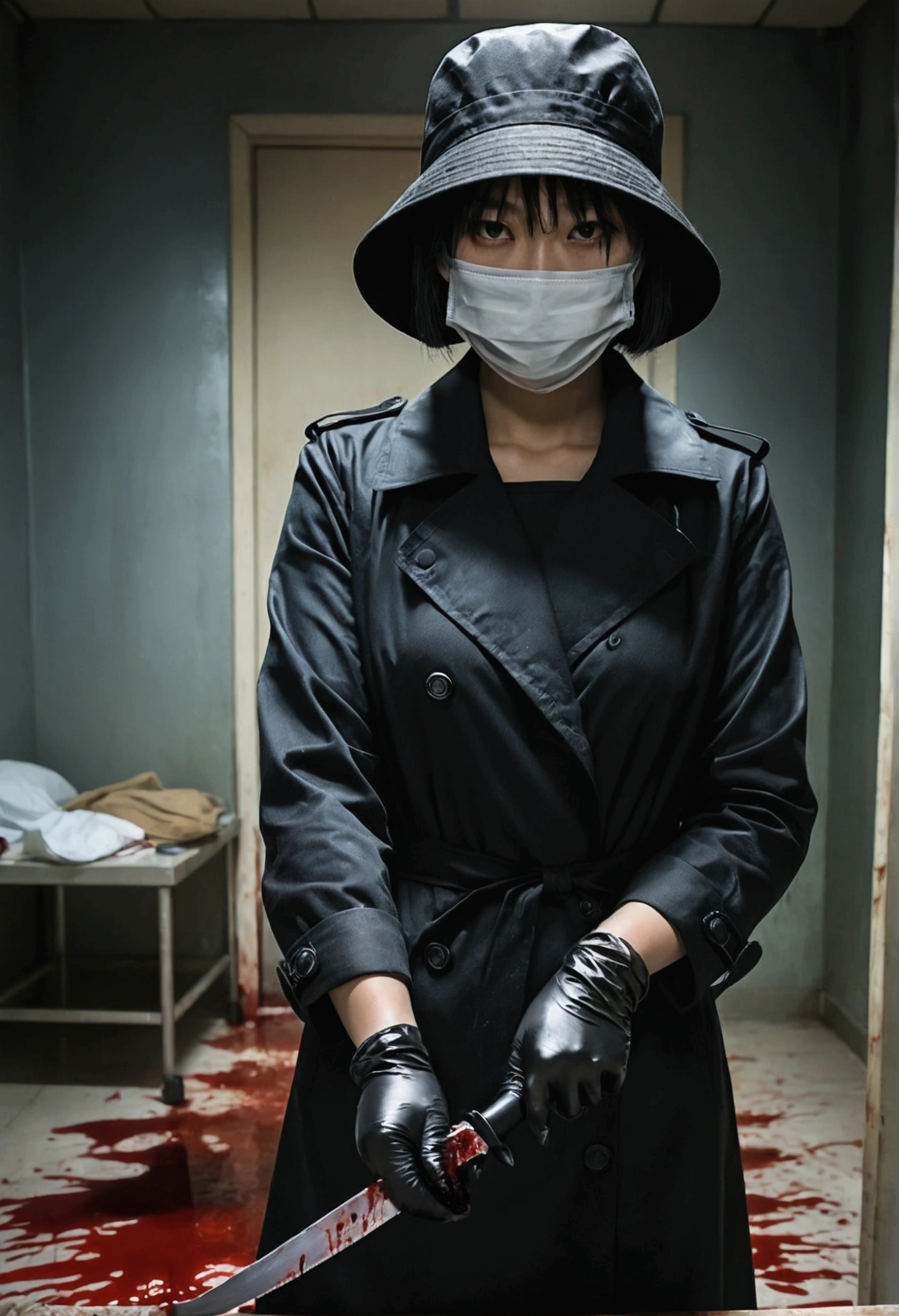 korean beautiful girl, (behind corpse, surgical mask), sunglasses, holding knife, stabbing, black gloves, room full of blood, black trench coat, bucket hat, holding knife, black gloves, behind corpse, blood splatter, short hair, black wet suit, night, mass murderer, robbery, dark atmosphere, cinematic lighting, atmospheric realistic,
