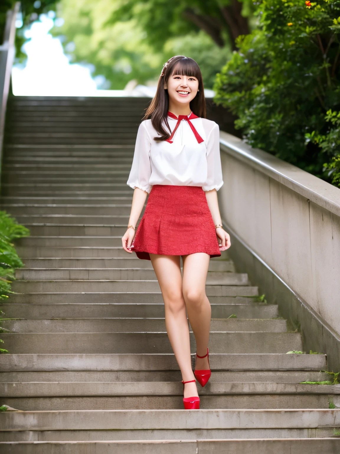 masterpiece , Highest quality , Very detailed , 8k , Cute Woman , One girl , blouse , bangs , smile , White teeth , Symmetrical eyes, 半袖blouse、mini skirt、Red Heels、Summer daytime、Climbing the stairs on campus、