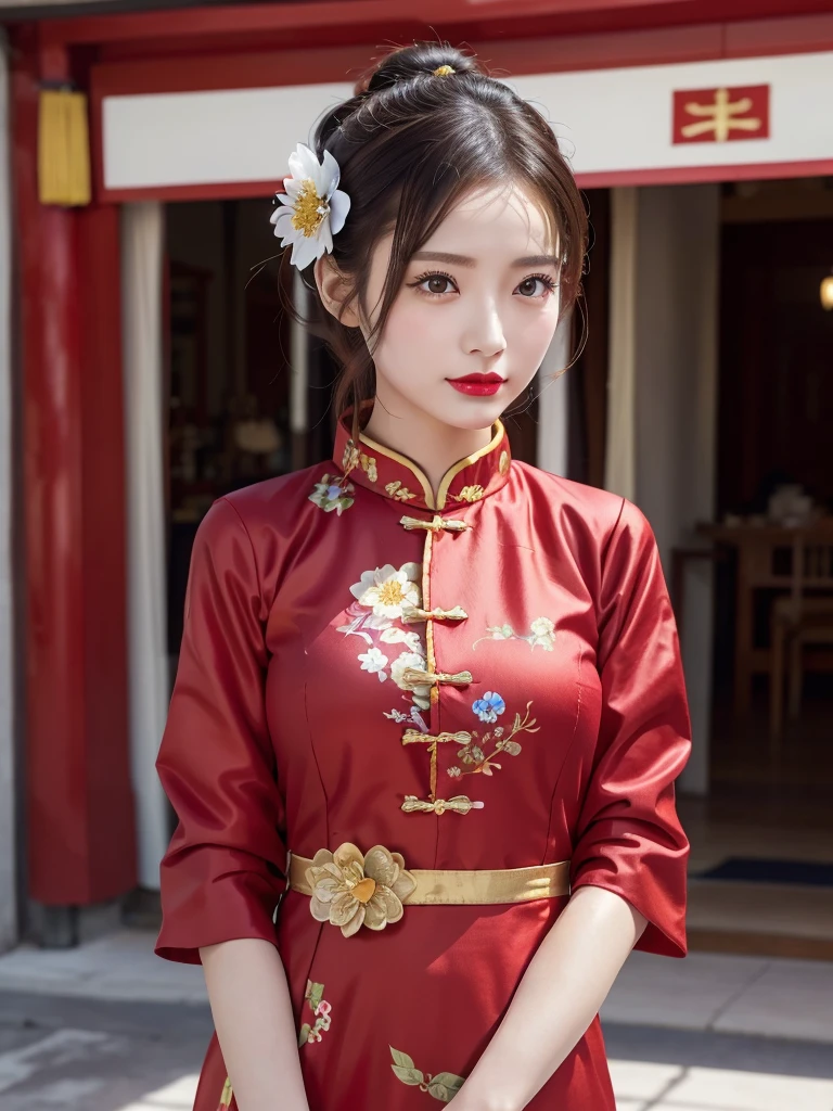 One girl,Upper Body,Fashionable Girl,China dress,Chinese clothing,Hair Flower,(masterpiece:1.4),(Highest quality:1.4),(Glowing Skin),Red lips,View your viewers,