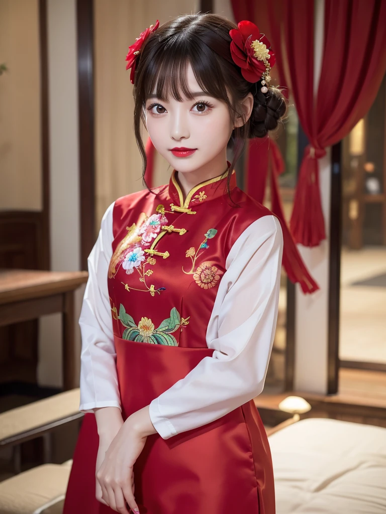 One girl,Upper Body,Fashionable Girl,China dress,Chinese clothing,Hair Flower,(masterpiece:1.4),(Highest quality:1.4),(Glowing Skin),Red lips,View your viewers,