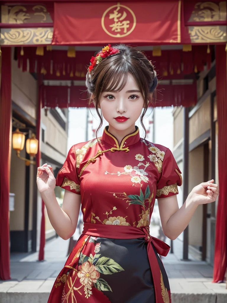 One girl,Upper Body,Fashionable Girl,China dress,Chinese clothing,Hair Flower,(masterpiece:1.4),(Highest quality:1.4),(Glowing Skin),Red lips,View your viewers,