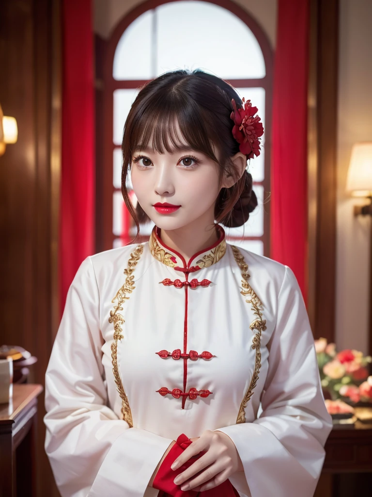 One girl,Upper Body,Fashionable Girl,China dress,Chinese clothing,Hair Flower,(masterpiece:1.4),(Highest quality:1.4),(Glowing Skin),Red lips,View your viewers,