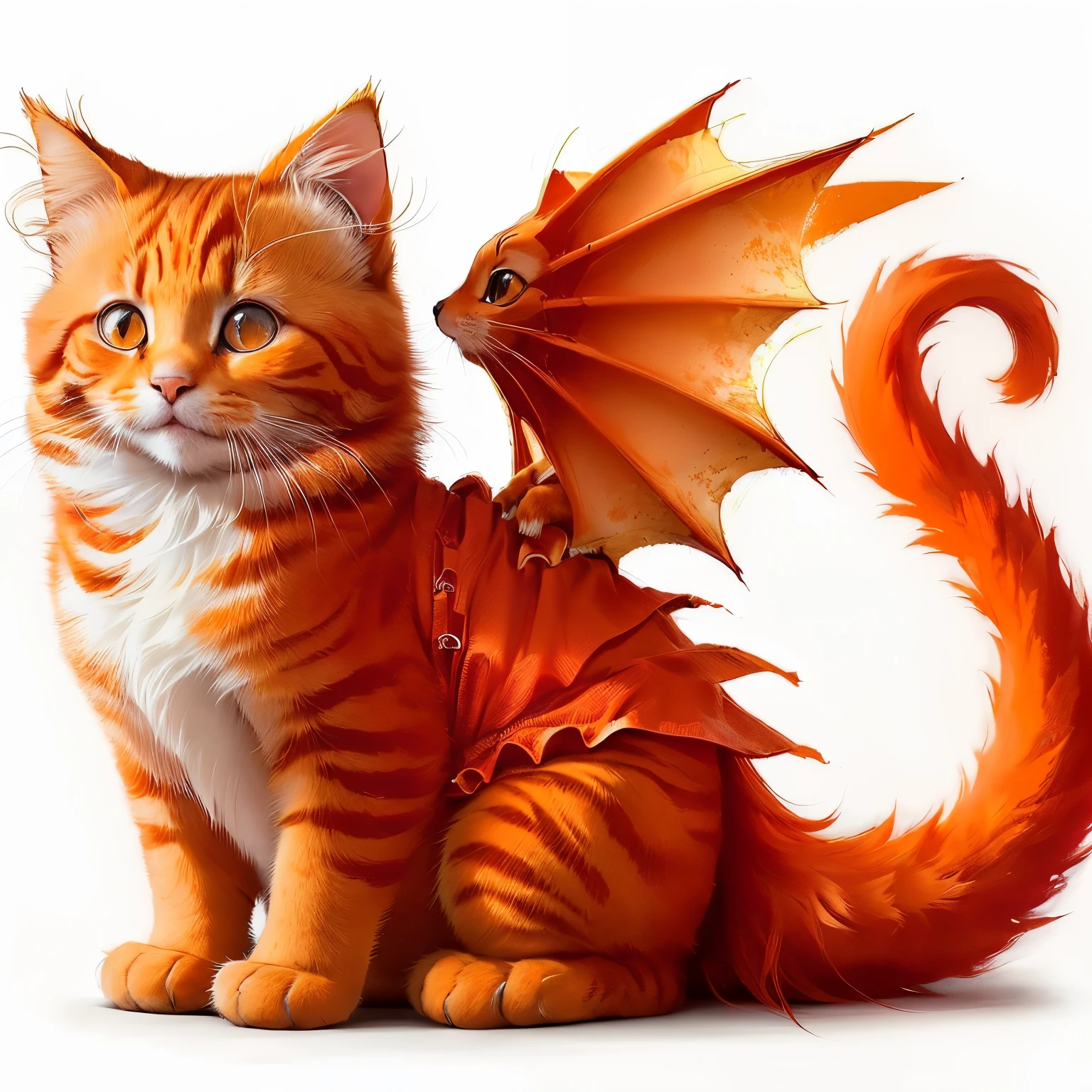 There is a little orange cat held in the arms of an Asian  girl in a red dress，The little orange cat&#39;s tail is like a dragon，Cute little dragon, Anthropomorphic dragon, Orange furry belly, Orange Cat, Demon cat, Fantasy Creatures, but Anthropomorphic dragon, Dragon Scale, Furry Fantasy Art, shrike, Lovely and detailed digital art