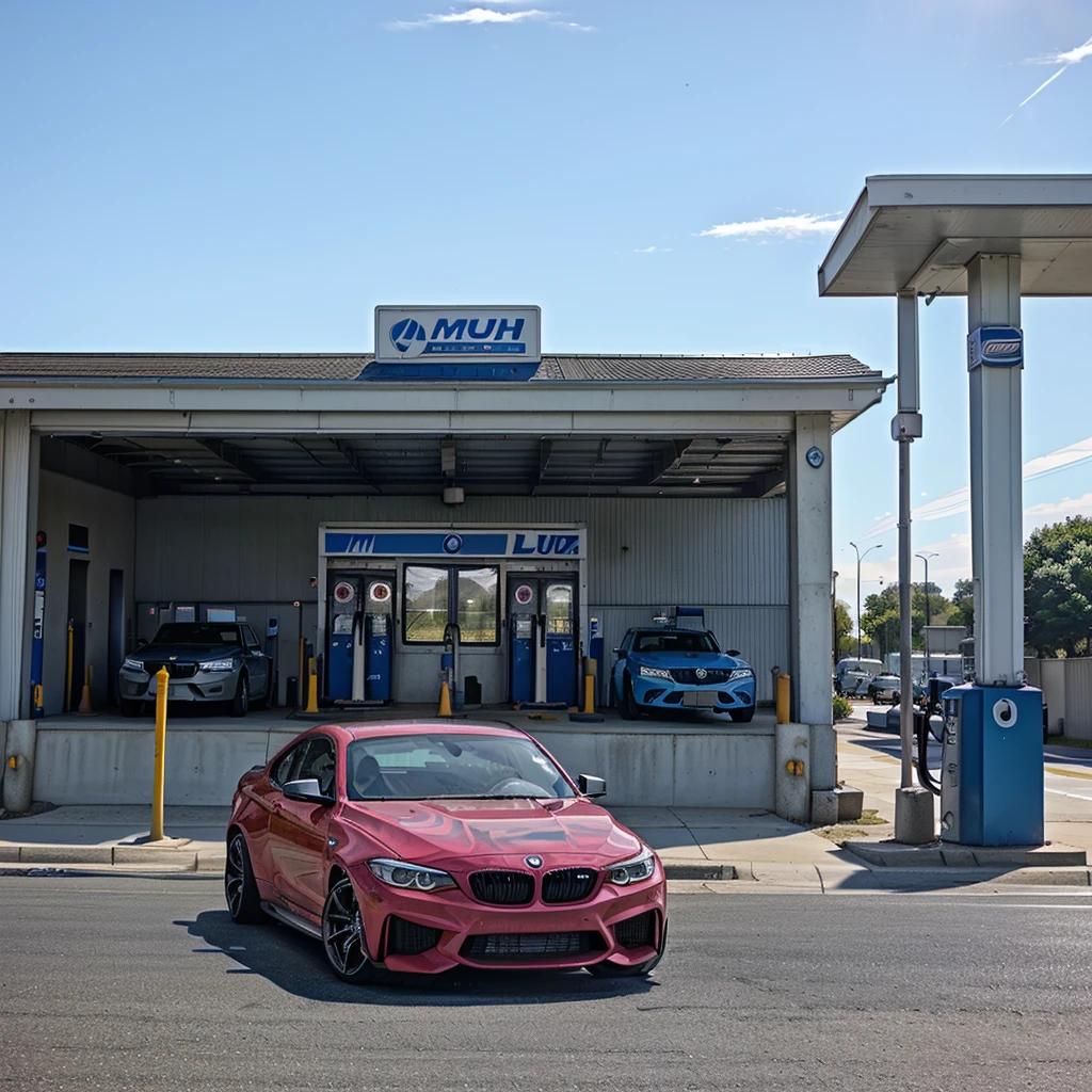 Image features a pink BMW M2 sports car parked at a gas station. The car has a glossy finish with black accents, including the wheels, side mirrors, and front grille. The license plate reads 'GJ-657-QP'. The gas station has multiple fuel pumps, each labeled with numbers 11 and 12. In the background, there is a blue truck with the logo 'LIDERKIT' on the side, parked near a building. The sky is clear and blue, indicating a sunny day. The overall setting appears to be a modern, clean gas station with concrete pavement.