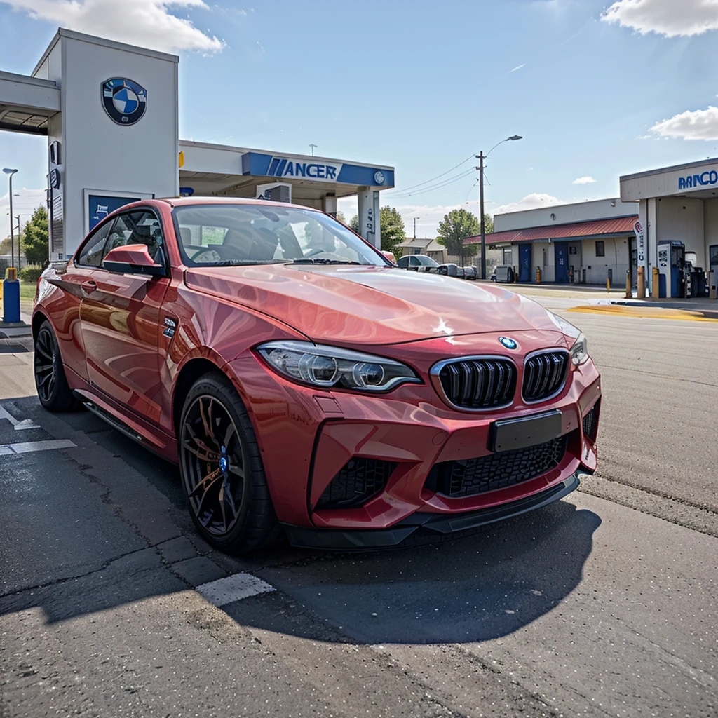 Image features a pink BMW M2 sports car parked at a gas station. The car has a glossy finish with black accents, including the wheels, side mirrors, and front grille. The license plate reads 'GJ-657-QP'. The gas station has multiple fuel pumps, each labeled with numbers 11 and 12. In the background, there is a blue truck with the logo 'LIDERKIT' on the side, parked near a building. The sky is clear and blue, indicating a sunny day. The overall setting appears to be a modern, clean gas station with concrete pavement.