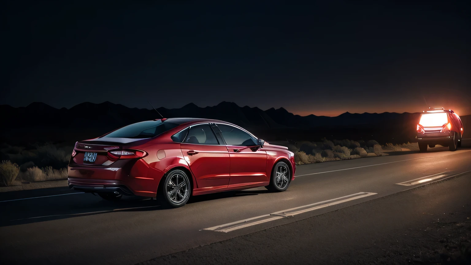 rear view of a red ford fusion parked in the middle of the california desert highway on a very dark night with the passenger door open.