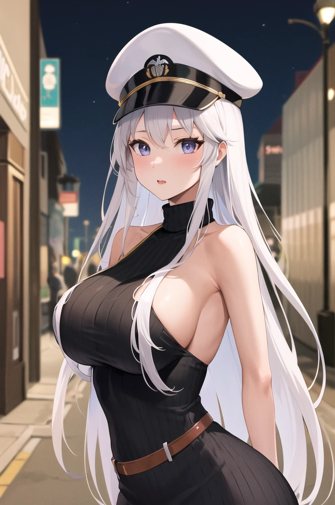 masterpiece, best quality, highres, aaenter, long hair, hat, white headwear, large breasts, sweater dress, ribbed sweater, turtleneck, sleeveless, night, street, standing