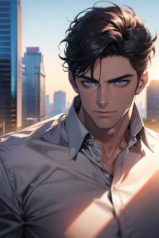 (Best Quality,4k,8k,high resolution,Masterpiece:1.2),ultra detailed,(realist,photorealist,photo-realist:1.37),1 man,31 years,mature man,very handsome,without expresion,muscled body,short gray black hair,Blue eyes,glare,perfect face without mistakes,imposing posture,businessman,office background,cinematic lighting,imagen HDR