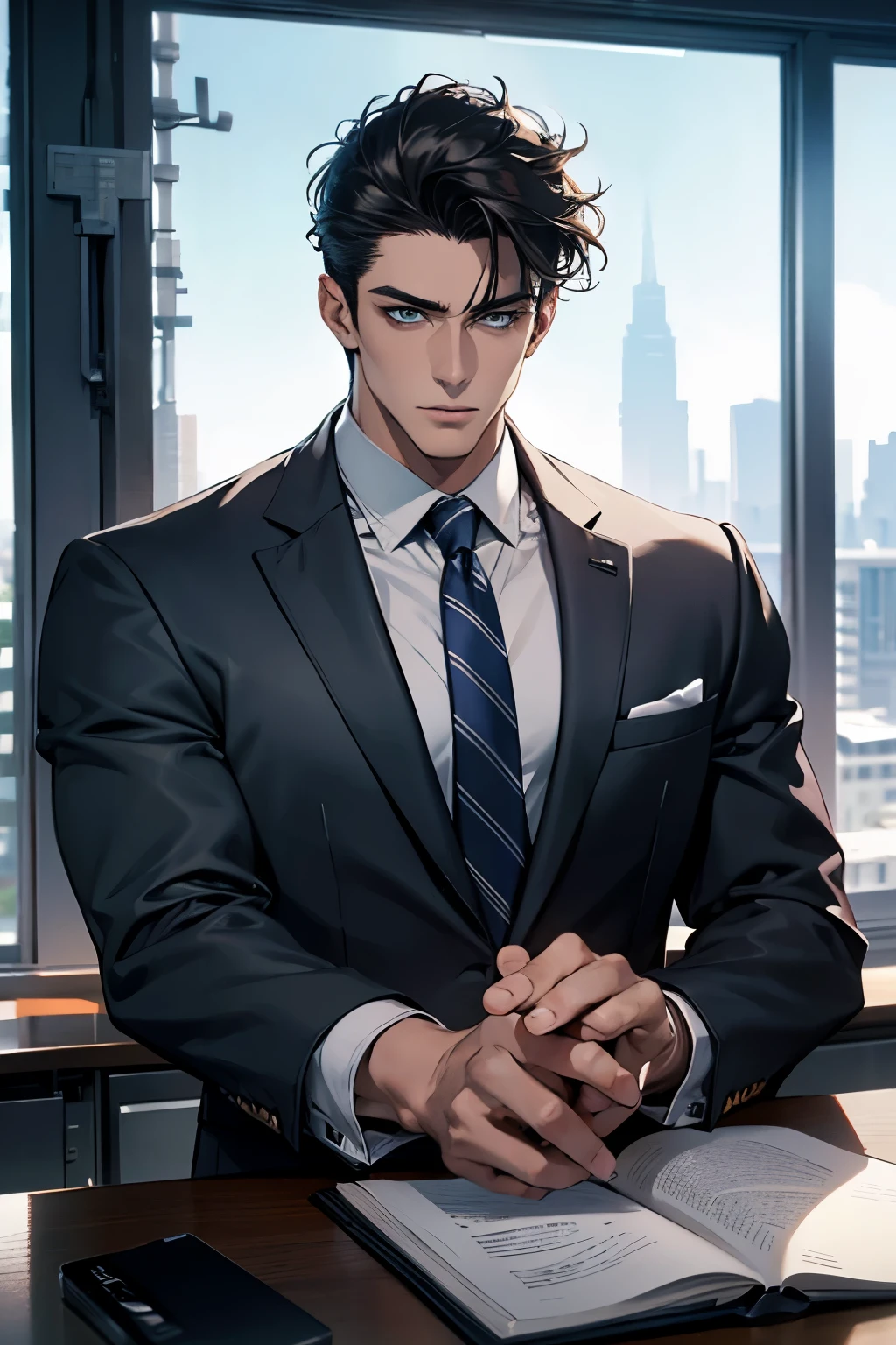 (Best Quality,4k,8k,high resolution,Masterpiece:1.2),ultra detailed,(realist,photorealist,photo-realist:1.37),1 man,31 years,mature man,very handsome,without expresion,muscled body,short gray black hair,Blue eyes,glare,perfect face without mistakes,imposing posture,businessman,office background,cinematic lighting,imagen HDR