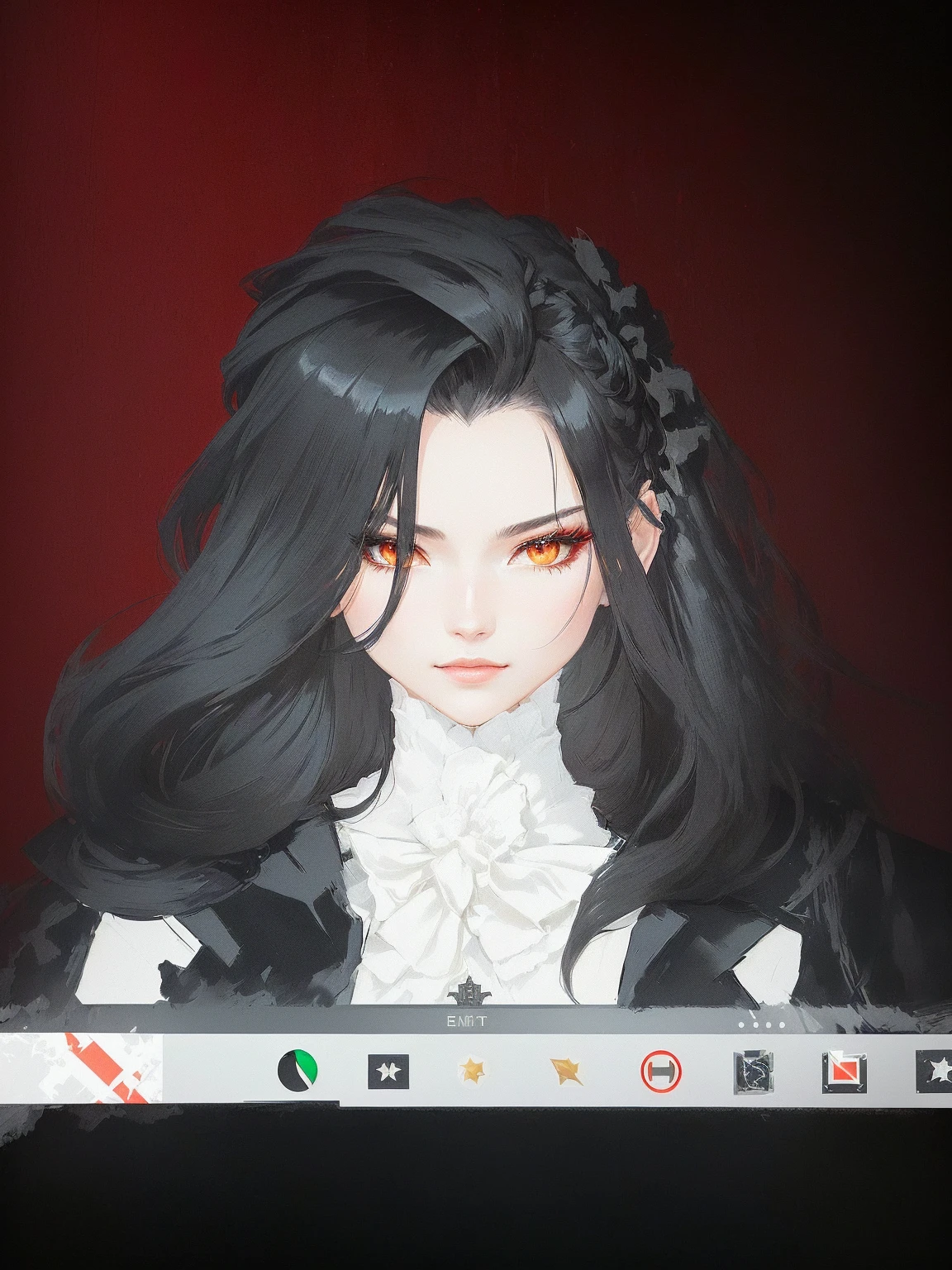 there is a picture of a woman in a costume on a screen, girls frontline style, from girls frontline, very detailed and rich clothing, ((wearing aristocrat robe)), !!full body portrait!!, highly detailed full body, royal attire akira, full body adoptable, full body xianxia, inspired by Li Chevalier, beautiful androgynous prince, a millitary general with black and white hair, a red and green clockwork eyes. She has a millitary designed outfit with a military suit and a tie, military badges, and a military hat