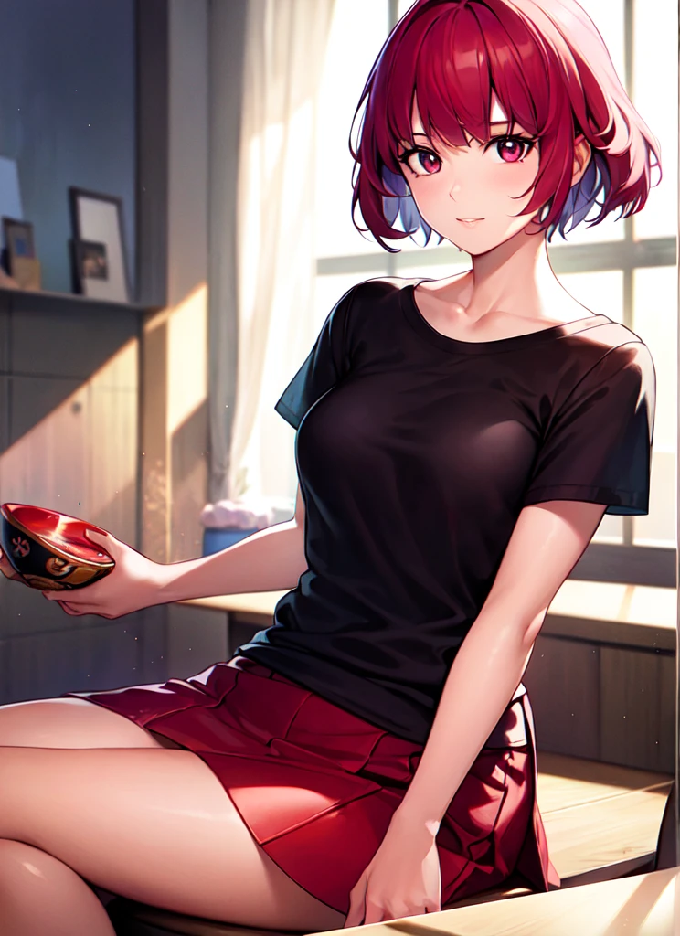 {{Kana Arima:1.8}}, {oshinoko}, (8k), ((Best Quality)), (Ultra-Detailed), High Resolution, Extremely Details CG, ((Photorealistic:1.2)), official art, by famous artist, perfect hands, perfect anatomy, super detailed skin, Beautifully Detailed Eyes, Beautifully Detailed Skin, Beautifully Detailed Hand, Beautifully Detailed Fingers, Beautifully Detailed Lip, Shiny Skin, Shiny Skin, Glossy Skin, PUPILS SPARKLING, Moody Lighting, Film Reflection, Deep Rendering, beautiful countenance, 1 girl in, 独奏, 25 years old, pink-red-purple hair, (bowl cut hair), (Big, round eyes), red-black eyes, room, night, Black T-shirt, Blue Skirt, Cowboy Shot, Girl sitting,
