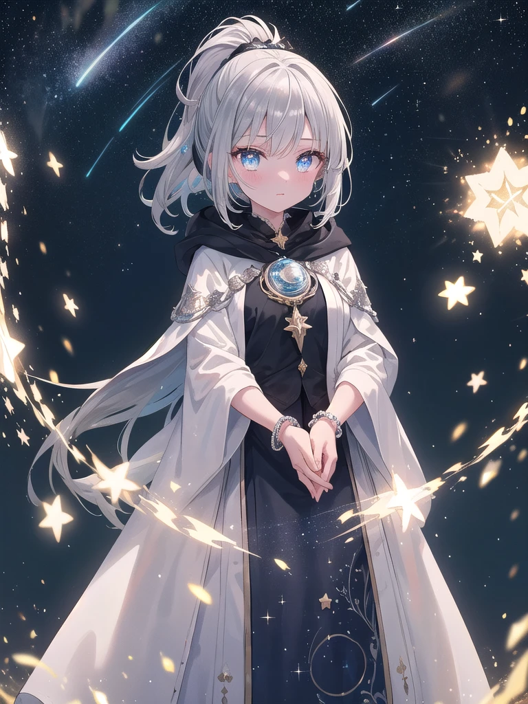 ((8k, best quality, master piece: 1.3)),super high resolution,(1 girl, solo), (colorshift eyes, hyperdetailed, expressive sparkling, glitter, glowing eyes), ultra detailed eyes, ultra-detailed face, random hair, ((silver gray color)), Under the starry night sky, a silver-haired woman is performing a magical ritual wearing a long cape and hood embroidered with silver thread, with a starry sky and twinkling stars in the background. She stands in the center of a magical circle, a silver bracelet shining on her wrist. Magical lights surround her and blend in with the starlight. Her silver hair in a ponytail is illuminated by the starlight, and her skin shines translucently. Her eyes are a starry blue, and her eyes, filled with magical power, show the seriousness of the mysterious ritual. The figure of the woman performing the ritual is solemn, and is depicted as if she is one with the starry sky background, creating a fantastical atmosphere.