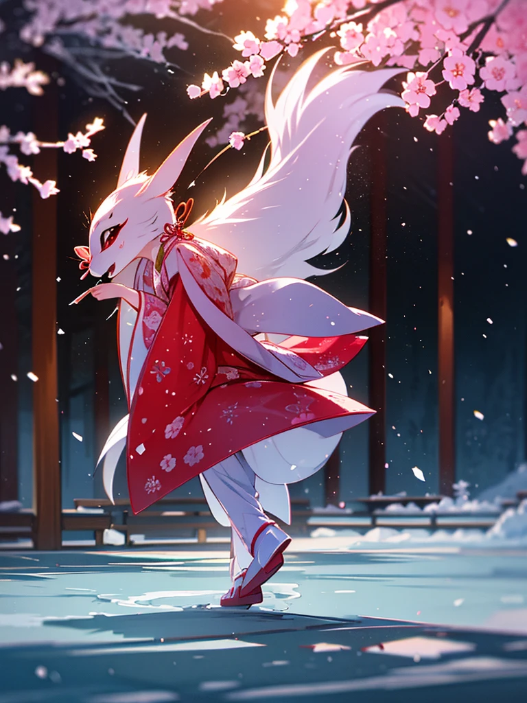 (Sumilux f1.4 50mm , low Latitude old color negative film , cross process , bokeh, flare, chromatic aberration , soft focus, (Shallow focus) , soft glow , Maximum aperture, High Key , Transparent depiction) , kawaii hentai anime , Japanese Heian period , Royal girl, kitsune mask , (round Maro eyebrows) , kimono , (Peony flowers blooming:0.8) , Snow is falling , steamy breath , Kagura Dance , passion , Drinking sake