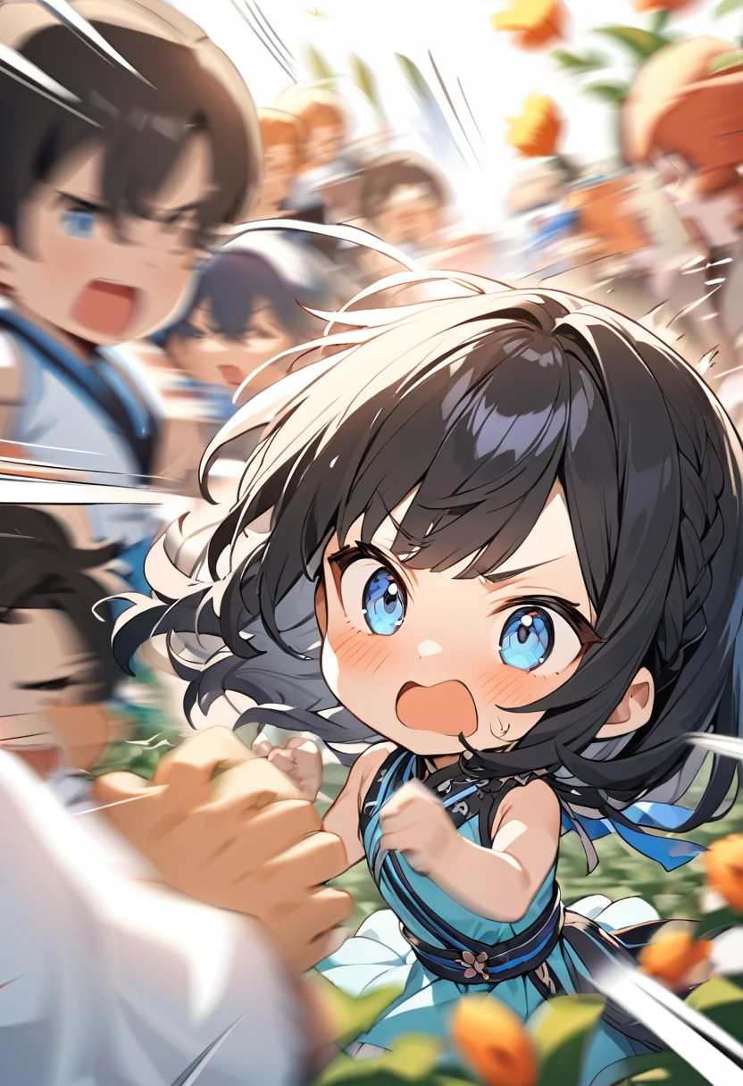Highest quality、High resolution、Detailed Background、Beautiful face in every detail、Anatomically correct、Detailed facial expressions、fine grain、((From the side))、((One Girl))、Chibi Girl、 Black Hair、beautiful clear big blue eyes、Braided Bob、Sleeveless dress、The background is a flower bed、Very angry、Throw a punch at the audience、(Motion Blur:1.5), (Blurred hands:1.5) 