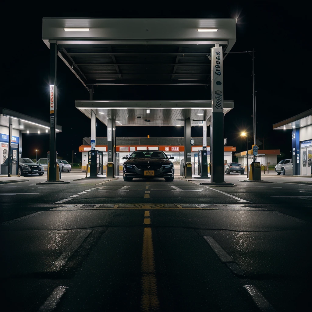 Image showcases a sleek, black sports car parked at a modern gas station at night. The car features a glossy finish, aggressive front grille, and sharp, angular headlights. The gas station has a clean, minimalist design with white pillars and a well-lit canopy. The background includes a few gas pumps and a convenience store with illuminated signage. The overall scene is dimly lit, with the car's reflective surface and the station's lights creating a striking contrast against the dark night sky.