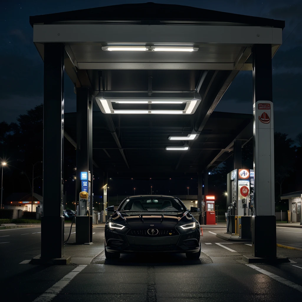 Image showcases a sleek, black sports car parked at a modern gas station at night. The car features a glossy finish, aggressive front grille, and sharp, angular headlights. The gas station has a clean, minimalist design with white pillars and a well-lit canopy. The background includes a few gas pumps and a convenience store with illuminated signage. The overall scene is dimly lit, with the car's reflective surface and the station's lights creating a striking contrast against the dark night sky.