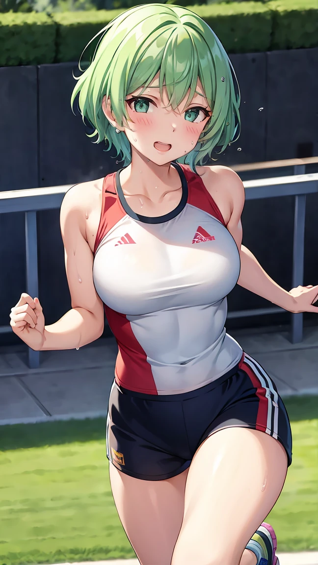 Girl with short green hair, Small size breasts,、Green Eyes, 、,Full body photo from head to toe、Track and field athlete、、、Uplifting、Leaning forward、、walk short distance、running、A toned and toned body、Desperate、(((Sweat)))、Uplifting、A moving picture、Expressing high speed、Shorts、Run at full speed、