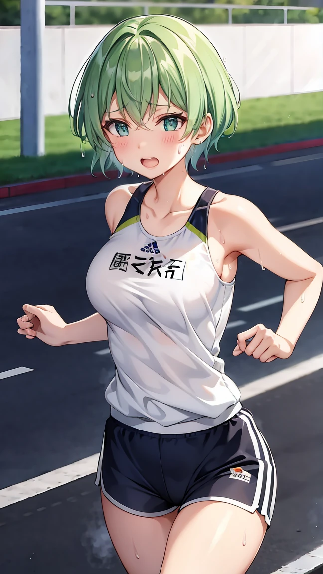 Girl with short green hair, Small size breasts,、Green Eyes, 、,Full body photo from head to toe、Track and field athlete、、、Uplifting、Leaning forward、、walk short distance、running、A toned and toned body、Desperate、(((Sweat)))、Uplifting、A moving picture、Expressing high speed、Shorts、Run at full speed、