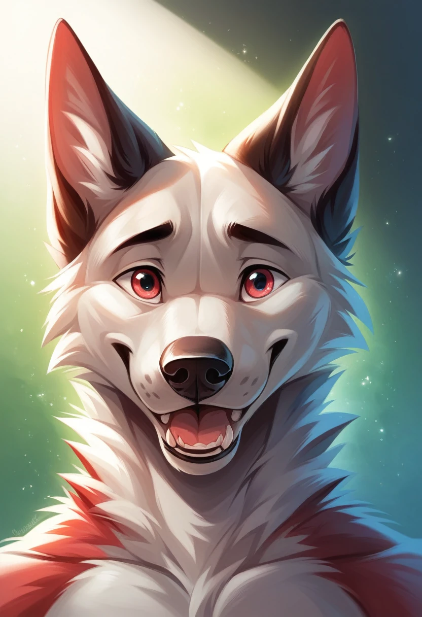 solo male, white greyhound dog furry, dog, mouth open, smiling, red fur, Black fur stripe, netral, Traumatized face, dynamic lighting, illustration, beautiful, particles (high quality,4k,8k,highres,masterpiece:1.2), ultra-detailed, impressionistic:colorful,]
