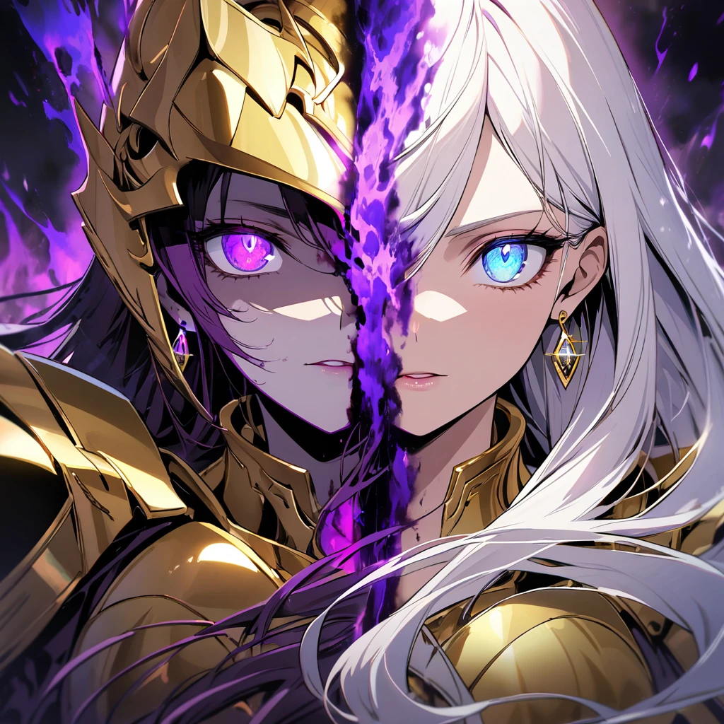 woman, blue eyes, long hair, white hair, mature, god eyes, diamond earings, glowing right eyes, two colors eyes, purple eyes, golden armor, dark aura, main face, front face, dark aura