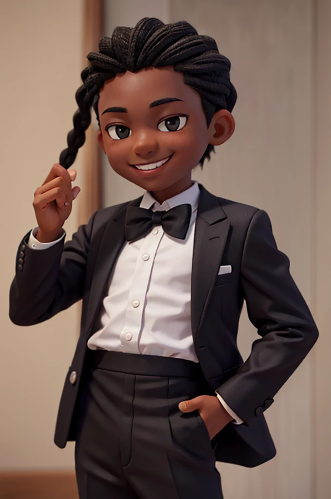 boy character, in black skin color, wear a blazer and black pants, smiling and braids
