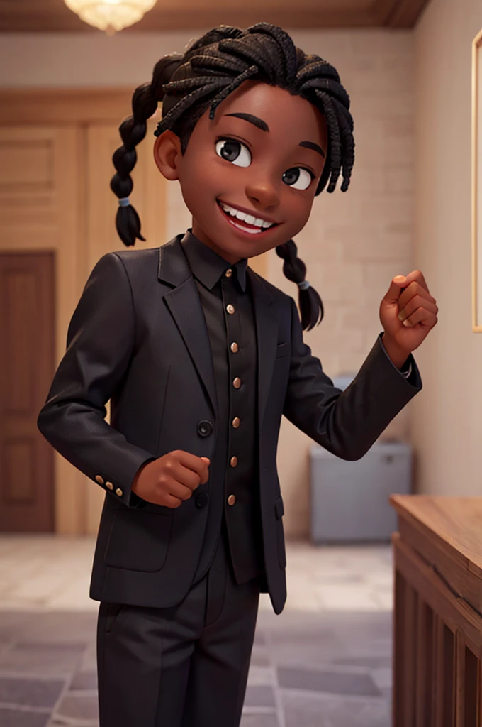 boy character, in black skin color, wear a blazer and black pants, smiling and braids