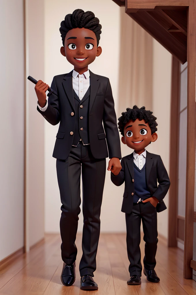 boy character, in black skin color, wear a blazer and black pants, smiling and braids