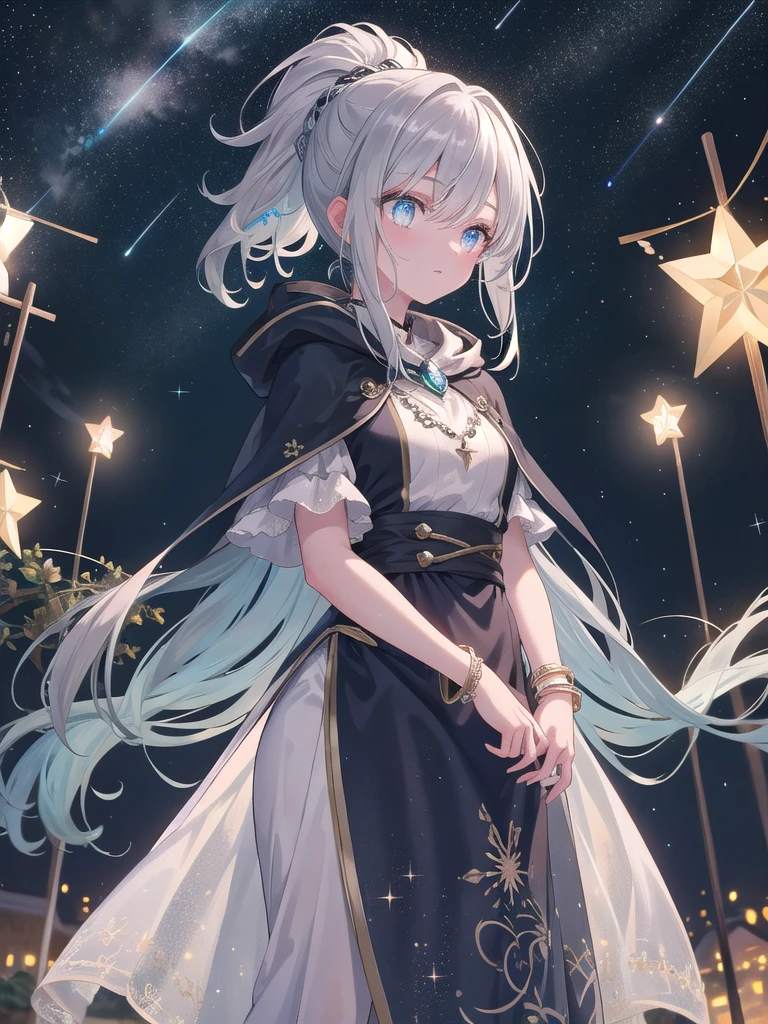 ((8k, best quality, master piece: 1.3)),super high resolution,(1 girl, solo), (colorshift eyes, hyperdetailed, expressive sparkling, glitter, glowing eyes), ultra detailed eyes, ultra-detailed face, random hair, ((silver gray color)), Under the starry night sky, a silver-haired woman is performing a magical ritual wearing a long cape and hood embroidered with silver thread, with a starry sky and twinkling stars in the background. She stands in the center of a magical circle, a silver bracelet shining on her wrist. Magical lights surround her and blend in with the starlight. Her silver hair in a ponytail is illuminated by the starlight, and her skin shines translucently. Her eyes are a starry blue, and her eyes, filled with magical power, show the seriousness of the mysterious ritual. The figure of the woman performing the ritual is solemn, and is depicted as if she is one with the starry sky background, creating a fantastical atmosphere.
