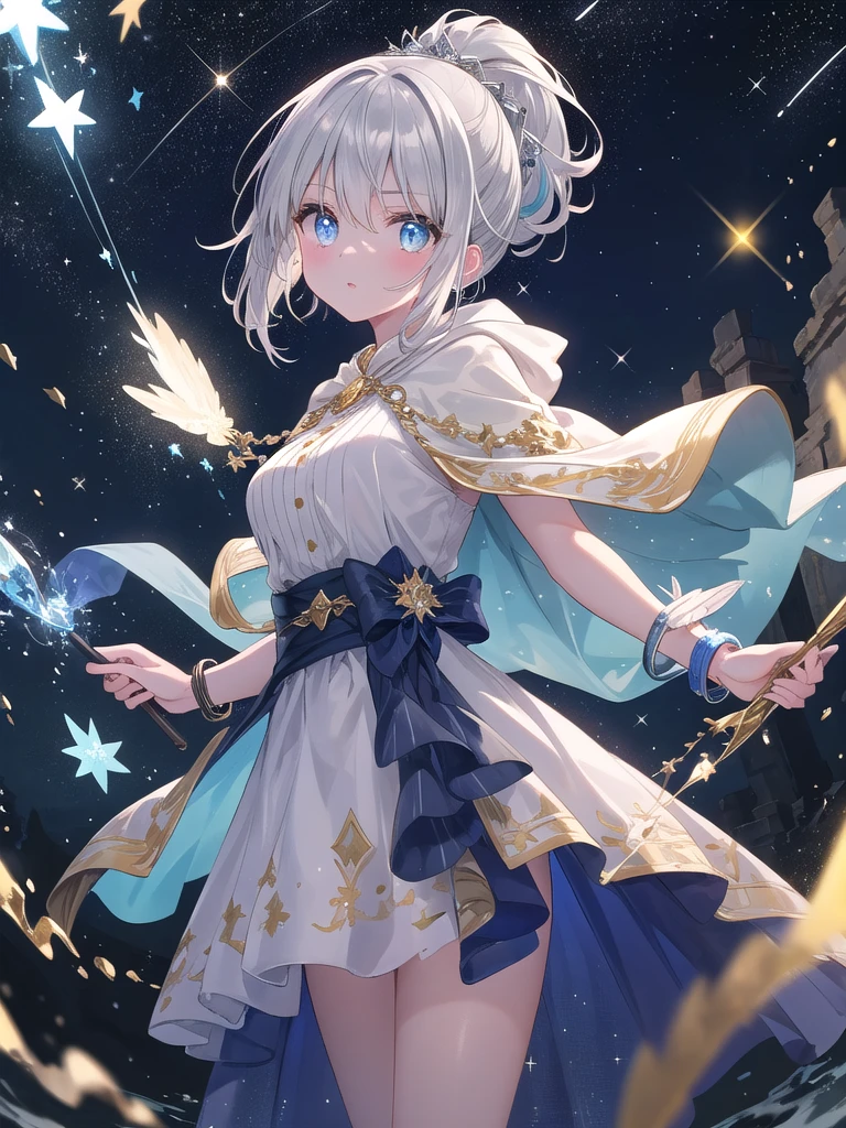 ((8k, best quality, master piece: 1.3)),super high resolution,(1 girl, solo), (colorshift eyes, hyperdetailed, expressive sparkling, glitter, glowing eyes), ultra detailed eyes, ultra-detailed face, random hair, ((silver gray color)), Under the starry night sky, a silver-haired woman is performing a magical ritual wearing a long cape and hood embroidered with silver thread, with a starry sky and twinkling stars in the background. She stands in the center of a magical circle, a silver bracelet shining on her wrist. Magical lights surround her and blend in with the starlight. Her silver hair in a ponytail is illuminated by the starlight, and her skin shines translucently. Her eyes are a starry blue, and her eyes, filled with magical power, show the seriousness of the mysterious ritual. The figure of the woman performing the ritual is solemn, and is depicted as if she is one with the starry sky background, creating a fantastical atmosphere.
