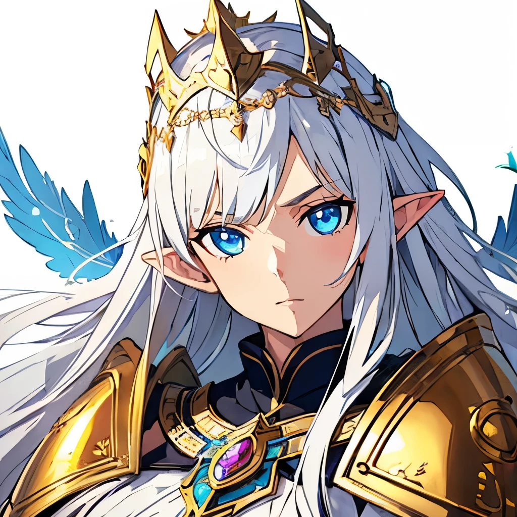 big ,  1girl, at school, white background, silver hair, blue eyes, emotionless, detailed face, view at camera, school unifom, upperbody, shot from far, half body, elf ears, gold leaf crown, feathered cape